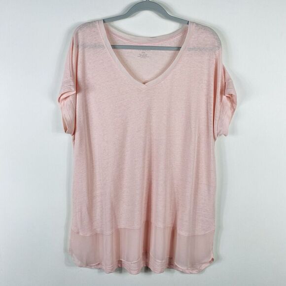 Lane Bryant Plus Size 18 20 Linen Blend Chiffon Trim V-Neck Top Pink - Picture 1 of 5